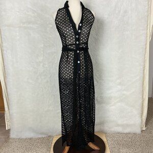 Theodora Positano Black Cotton Sheer Lace Sleeveless Belted Maxi Coverup Dress M
